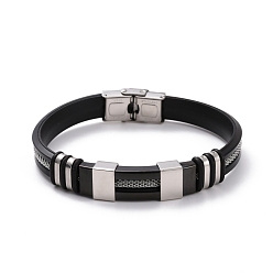 Gunmetal & Stainless Steel Color Men's Silicone Cord Bracelet, Titanium Steel Curved Tube Beads Friendship Bracelet, Black, Gunmetal & Stainless Steel Color, 8-7/8 inch(22.5cm)