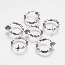 Stainless Steel Color 304 Stainless Steel Retractable Clip-on Hoop Earrings, Hypoallergenic Earrings, For Non-pierced Ears, with Spring Findings, Stainless Steel Color, 13x4.5mm, Inner Diameter: 10mm