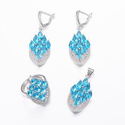 Deep Sky Blue Brass Micro Pave Cubic Zirconia Jewelry Sets, Pendants & Hoop Earrings & Finger Rings, Marquise/Horse Eye, Platinum, Deep Sky Blue, Size 8(18mm), 38.5x17x5.5mm, Hole: 5.5x4mm, 49x17x5.5mm, Pin: 1mm