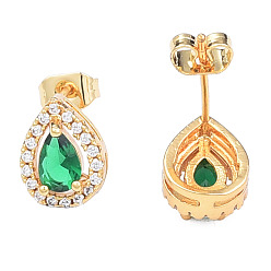 Green Cubic Zirconia Teardrop Stud Earrings, Golden Brass Jewelry for Women, Nickel Free, Green, 11x8mm, Pin: 0.7mm