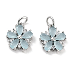 Светло-Голубой Латунные микро проложить кубического циркония прелести, с целью перехода в кольце, цветок, Небесно-голубой, 13x12x3 мм, отверстие : 3 мм