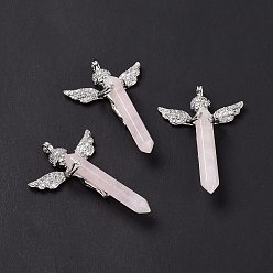 Rose Quartz Natural Rose Quartz Faceted Double Terminal Pointed Big Pendants, Angel Charms, with Platinum Tone Brass Findings, 54~56x34~36x11~12mm, Hole: 3mm