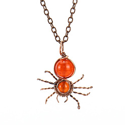 Carnelian Natural Carnelian Spider Pendant Necklaces, with Red Copper Brass Chains, 20.87 inch(53cm)