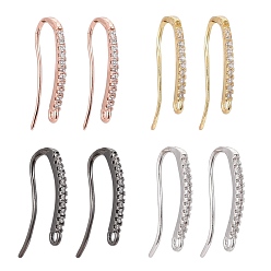 Mixed Color 4 Pairs 4 Colors Brass Micro Pave Clear Cubic Zirconia Earring Hooks, Ear Wire, with Horizontal Loop, Mixed Color, 19x9x2mm, Hole: 1mm, 18 Gauge, Pin: 1mm, 4 colors, 1pair/color, 4pairs/Box
