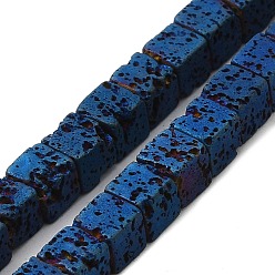 Blue Plated Electroplated Natural Lava Rock Beads Strands, Square, Blue Plated, 4.5x4.5x4.5mm, Hole: 1mm, about 89~91pcs/strand, 16.54''~17.32''(42~44cm)