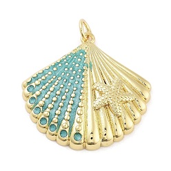 Темно-бирюзовый Подвески из латуни с эмалью в стойку, с целью перехода в кольце, долговечный, без кадмия и без свинца, реальный 18 k позолоченный, ракушка в форме морской звезды, темные бирюзовый, 28.5x28x5 мм, отверстие : 3 мм