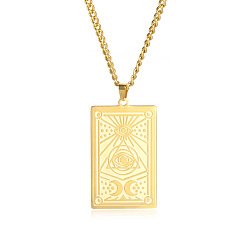 Sun 304 Stainless steel Rectangle Pendant Necklace for Men Women, Golden, Sun Pattern, 23.62 inch(60cm)