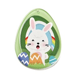 Yellow Green Easter Printed Transparent Acrylic Pendants, Egg with Rabbit, Yellow Green, 42.5x31.5x2.5mm, Hole: 1.6mm