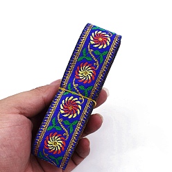 Royal Blue 6.5M Ethnic Style Flat Embroidery Polyester Ribbons, Jacquard Ribbon, Garment Accessories, Flower Pattern, Royal Blue, 1-1/4 inch(33mm), about 7.11 Yards(6.5m)/Bundle
