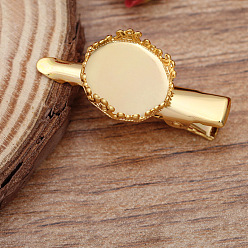 Golden Iron Alligator Hair Clip Findings, with Brass Flat Round Tray, Golden, 35mm, Tray: 15mm