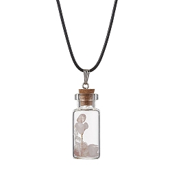 Rose Quartz Glass Wish Bottle Pendant Necklace, Natural Rose Quartz Chips Tree Necklace, 17.83 inch(45.3cm)