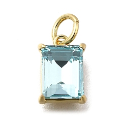 Бледно-бирюзовый Прямоугольный латунный со стеклянными подвесками, одиночные каменные прелести, без кадмия и без свинца, долговечный, стойки покрытие, реальный 18 k позолоченный, бледные бирюзовая, 10.5x7x4.5 мм, отверстие : 3.5 мм