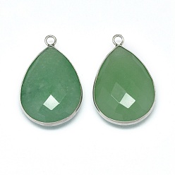 Green Aventurine Natural Green Aventurine Pendants, with Brass Findings, Faceted, teardrop, Platinum, 29~31x19x6~7mm, Hole: 2mm