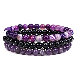 Amethyst 3Pcs 3 Style Natural Amethyst & Black Agate Round Beaded Stretch Bracelets Set, Gemstone Stackable Bracelets for Woman, Wide: 6mm, 7-1/4~7-1/2 inch(18.5~19cm), 1Pc/style