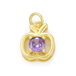 Medium Purple Rack Plating Brass Cubic Zirconia Charms, with Jump Ring, Cadmium Free & Lead Free, Long-Lasting Plated, Real 18K Gold Plated, Apple Charm for Teacher's Day, Medium Purple, 13x10.5x5.5mm, Hole: 3mm