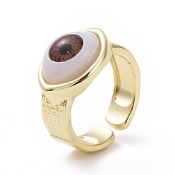 Saddle Brown Resin Horse Eye Open Cuff Ring, Real 18K Gold Plated Brass Jewelry for Women, Cadmium Free & Lead Free, Saddle Brown, US Size 6 3/4(17.1mm)
