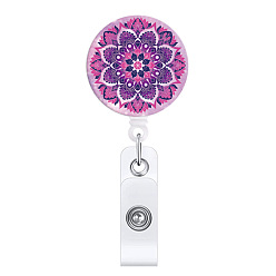 Purple ABS Plastic Retractable Badge Reels, Card Holders, with Platinum Clips, ID Badge Holder for Nurses, Flat Round with Mandala Pattern, Purple, 85mm