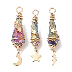 Colorful 3Pcs 3 Styles Electroplated Natural Quartz Crystal Copper Wire Wrapped Pendants, TearDrop Charms with Golden Tone Alloy Moon & Star & Sun & Lightning Bolt, Colorful, 44.5~48.5x8~10.5x6.5~13mm, Hole: 4mm, about 1pc/style