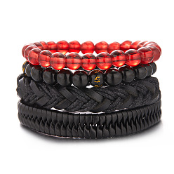 BR22Y0037 Stylish Leather and Beaded Bracelet Set for Men - Fashionable Woven Combination Design