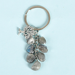 Labradorite Natural Labradorite Keychains, with Alloy Tree of Life Charms and Keychain Ring Clasps, 83mm