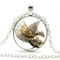 Goldenrod Dragon Theme Glass Round Pendant Necklace with Alloy Chains, Goldenrod, 20.47 inch(52cm)