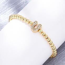 Letter U Латунные круглые бусины эластичные браслеты, Подвеска в виде буквы из латуни с микропаве из прозрачного кубического циркония для женщин, без свинца и без кадмия, стойки покрытие, реальный 18 k позолоченный, Буква U, внутренний диаметр: 2~2-1/8 дюйм (5~5.5 см)