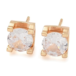 Прозрачный Серьги-гвоздики из латуни с кубическим цирконием, квадратный, долговечный, шампанское золото, прозрачные, 7x8 мм