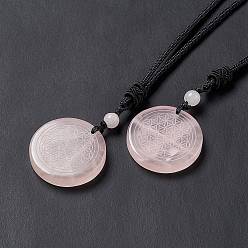 Rose Quartz Natural Rose Quartz Flat Round with Flower of Life Pendant Necklace with Nylon Cord for Women, 25.59~27.95 inch(65~71cm)