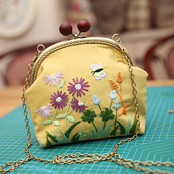 Gold DIY Flower Pattern Wood Bead Kiss Lock Handbag Embroidery Kits, Including Printed Cotton Fabric, Embroidery Thread & Needles, Embroidery Hoop, Gold, 270x450mm