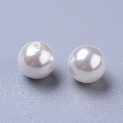 White Shell Pearl Beads, Half Drilled Beads, Polished, Round, White, 10mm, Hole: 1.2mm