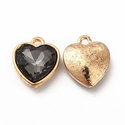 Dark Gray Faceted Glass Rhinestone Pendants, with Golden Tone Zinc Alloy Findings, Heart Charms, Dark Gray, 16.5x14x6.5mm, Hole: 1.6mm