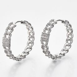 Real Platinum Plated Brass Micro Pave Clear Cubic Zirconia Huggie Hoop Earrings, Nickel Free, Curb Chain Shape, Real Platinum Plated, 30x6mm, Pin: 1x1mm