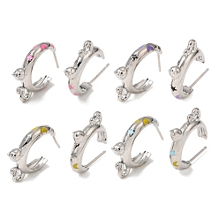 Couleur Mélangete Boucles d'oreille en laiton émaillé, forme de chat, boucles d'oreilles demi-créoles, sans plomb et sans cadmium, crémaillère plaquage, plaqué longue durée, platine, couleur mixte, 21.5x18~18.5x4mm