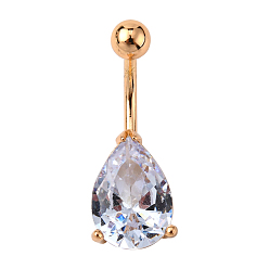 Clear Real 18K Gold Plated Teardrop Brass Cubic Zirconia Navel Ring Navel Ring Belly Rings, with 304 Stainless Steel Bar, Clear, 28x11mm, Bar Length: 3/8"(10mm), Bar: 14 Gauge(1.6mm)