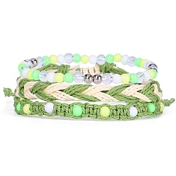 Yellow Green 3Pcs 3 Style Waxed Cord Braided Bead Bracelets Set, Adjustable Stackable Bracelets, Yellow Green, 6-1/4~6-3/4 inch(16~17cm), 1Pc/style