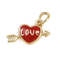 Красный Латунь эмаль прелести, сердце со стрелой и словом любовный талисман, без кадмия и без свинца, реальный 18 k позолоченный, с целью перехода в кольце, красные, 8.5x13x2.5 мм, отверстие : 3 мм