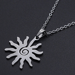 Stainless Steel Color 201 Stainless Steel Pendants Necklaces, with Cable Chains and Lobster Claw Clasps, Sun, Stainless Steel Color, 17.71 inch(45cm), 1.5mm