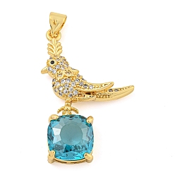 Deep Sky Blue Rack Plating Brass Micro Pave Clear Cubic Zirconia Pendants, with Glass, Long-Lasting Plated, Cadmium Free & Lead Free, Real 18K Gold Plated, Bird Charms, Deep Sky Blue, 32x20x6mm, Hole: 4x3.5mm