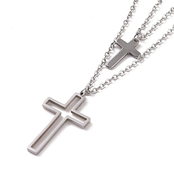 Stainless Steel Color Stainless Steel Hollow Out Cross Pendant Double Layer Necklace with Cable Chains for Men Women, Stainless Steel Color, 15.55 inch(39.5cm)