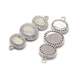 Platinum Brass Micro Pave Cubic Zirconia Links, with Synthetic Opal, Oval, Clear, Platinum, 33x13x3mm, Hole: 1.5mm