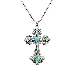 Pale Turquoise Alloy Pendant Necklaces, Cross fleury, Pale Turquoise, 19.69 inch(50cm)