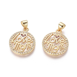 Clear Golden Plated Brass Pendants, with Cubic Zirconia, Flat Round with Word Love Mom, for Mother's Day, Clear, 19x16x2mm, Hole: 3.5x4mm