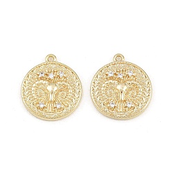 Aries Brass Micro Pave Clear Cubic Zirconia Pendants, Flat Round with Constellation Charms, Rack Plating, Long-Lasting Plated, Cadmium Free & Lead Free, Golden, Aries, 16x14x2~3mm, Hole: 1mm