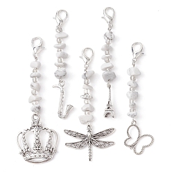 Antique Silver & Platinum Wedding Theme Alloy Pendants Decorations, with Howlite Chip, with Alloy Lobster Claw Clasps, Mixed Shapes, Antique Silver & Platinum, 79~89mm