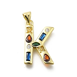 Letter K Латунные микропаве прозрачные подвески с фианитом, с целью перехода в кольце, без свинца и без кадмия, долговечный, стойки покрытие, письмо амулеты, реальный 18 k позолоченный, Письмо K, 19~21x9.5~20x2.7 мм, Перейти кольцо: 5x1 мм, 3 mm внутреннего диаметра.