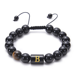 B Natural Black Agate Beaded Bracelet Adjustable Women's Handmade Alphabet Stone Strand Jewelry