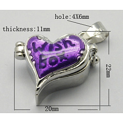 Темная Орхидея Латунные подвески коробки молитве, эмаль, сердце, платиновый цвет, темные орхидеи, Размер : длиной около 22 мм , шириной 20 мм , толщиной 11 мм , отверстие: шириной 4 мм, 6 мм длиной