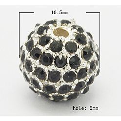 Jet Alloy Beads, with Rhinestones, Grade A, Round, Silver Color Plated, Black, Size: about 10mm in diameter hole: 2mm