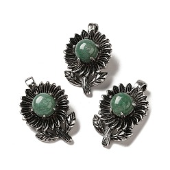 Зеленый Авантюрин Естественный зеленый авантюрин подвески, покрытие стойки, антикварные серебряные тона, латунные подвески с цветами, без кадмия и без свинца, 34x22x10 мм, отверстие : 7.5x3.5 мм