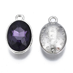 Purple Alloy Glass Pendants, Faceted, Oval, Platinum, Cadmium Free & Lead Free, Purple, 19x12x6mm, Hole: 1.8mm